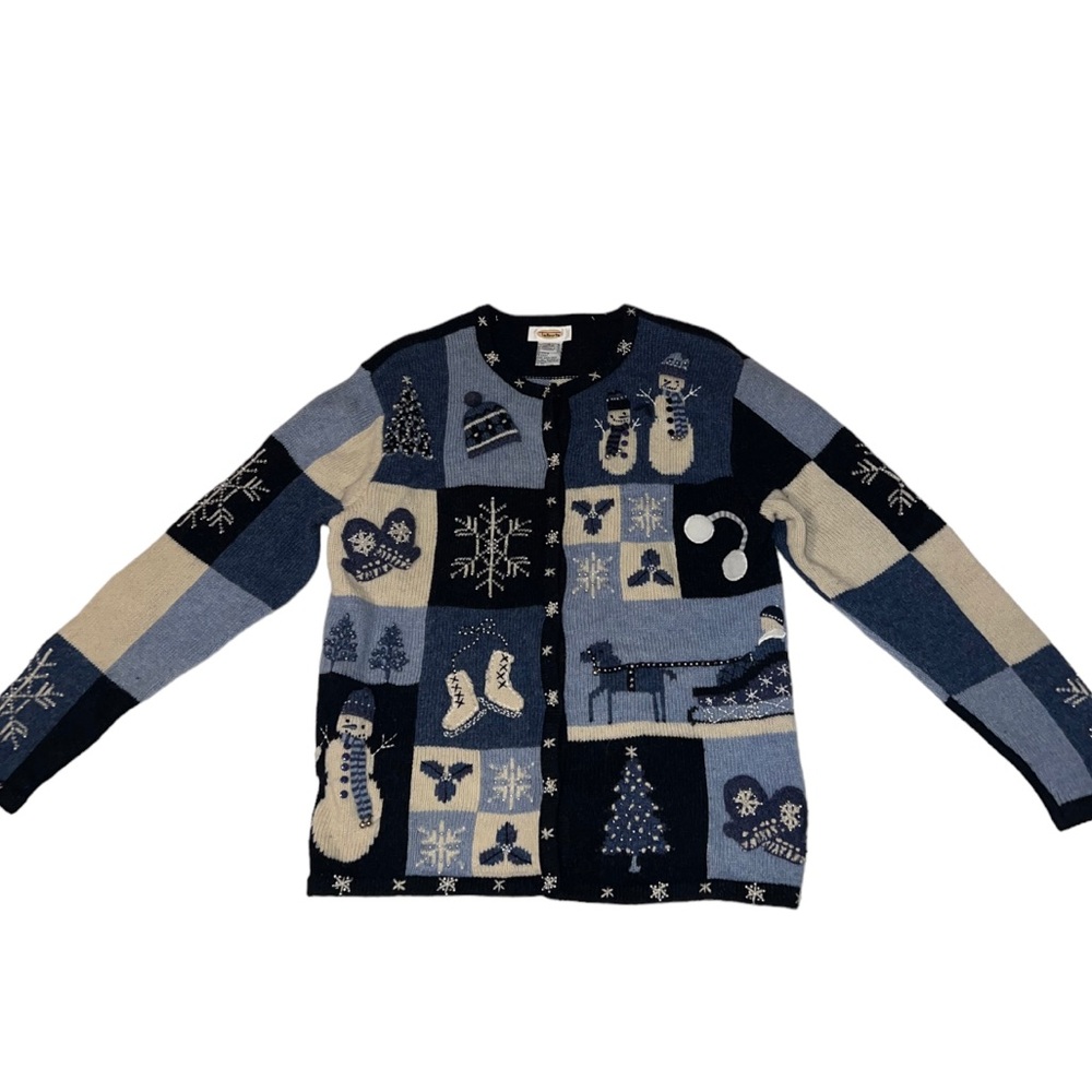100% Wool Talbots Patchwork Blue and Cream Festive Winter Cardigan Sweater